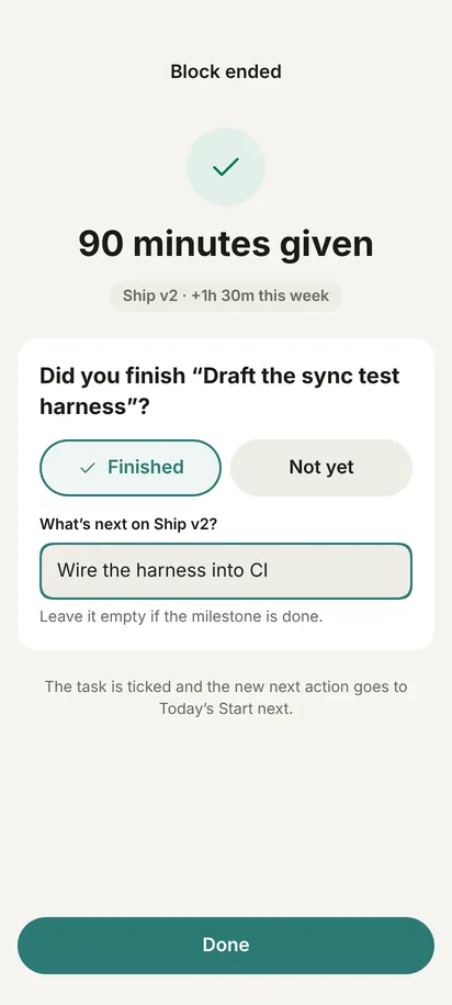 The block debrief: “90 minutes given”, “Did you finish?” with two answers, and a field for the project’s next action